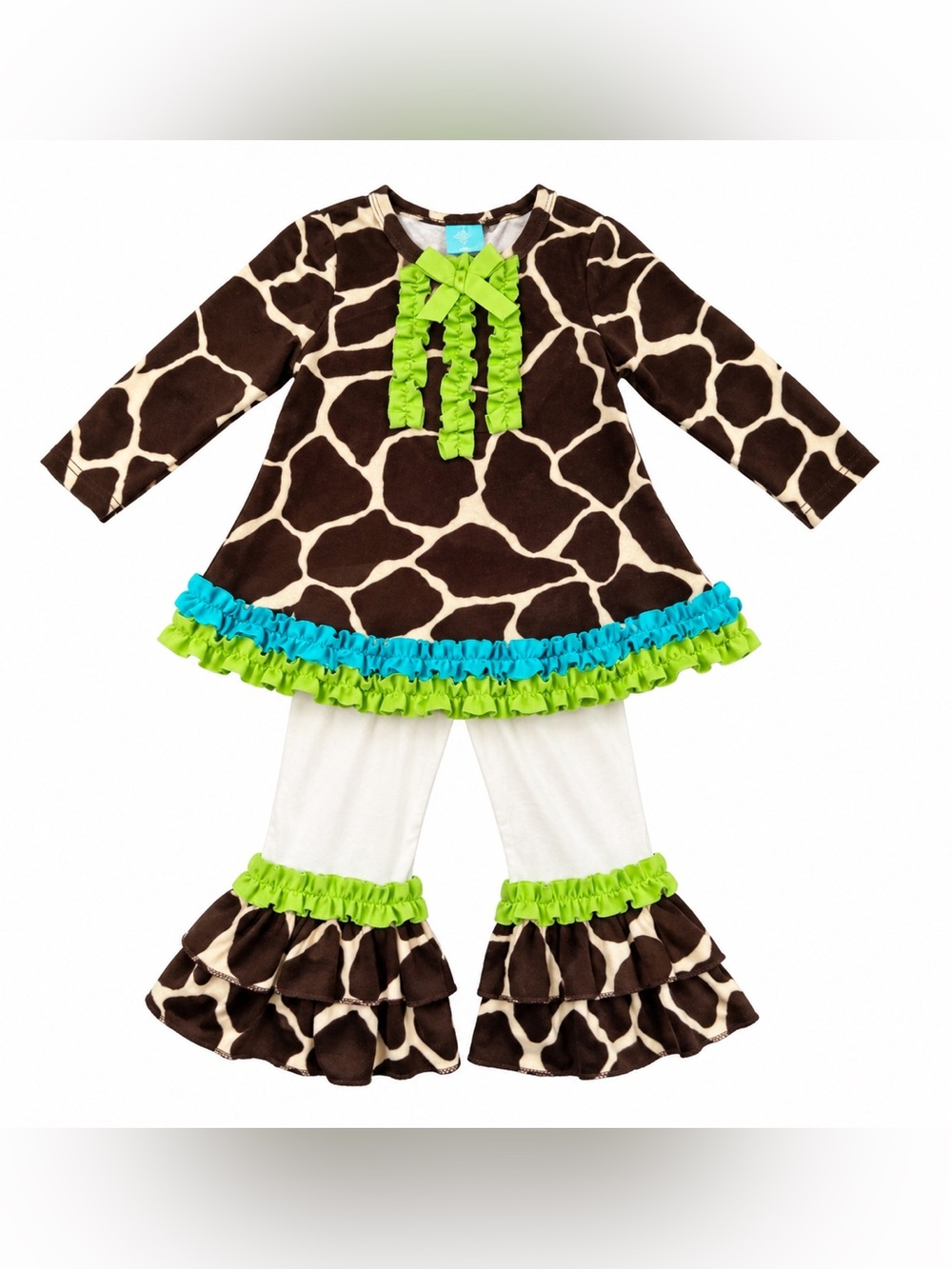 Mud Pie Brown Giraffe Print Tunic Set with Lime & Turquoise Ruffles